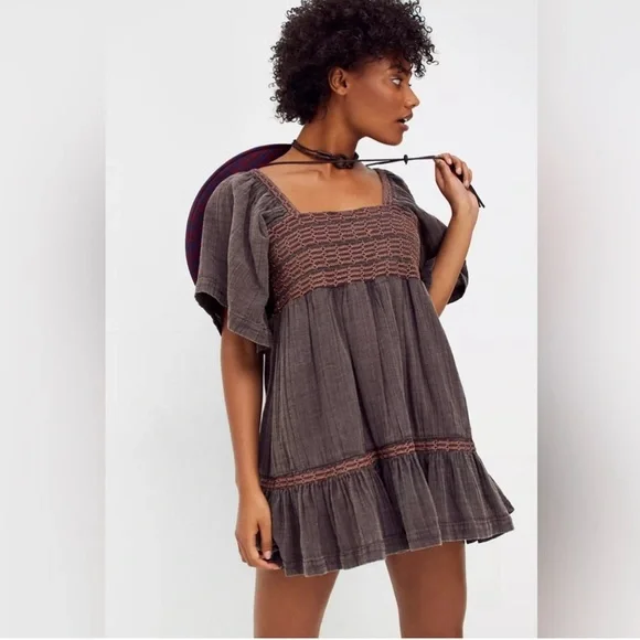 NWT Free People Easy To Love Bubble Mini Dress size medium color expresso beans - Picture 11 of 12